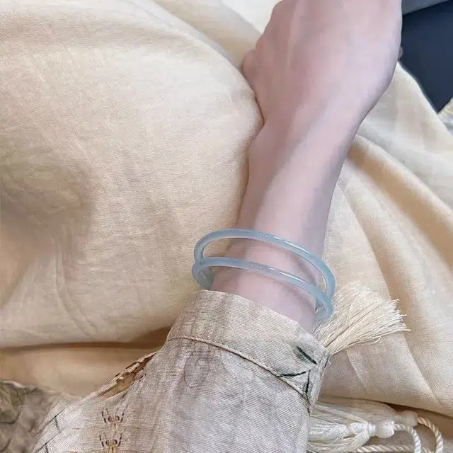 御龙镜 荔枝冻新中式古风一步一响清冷感优雅温柔天蓝色清透莹润温婉双圈美人条 玉髓 玉石手镯 女款