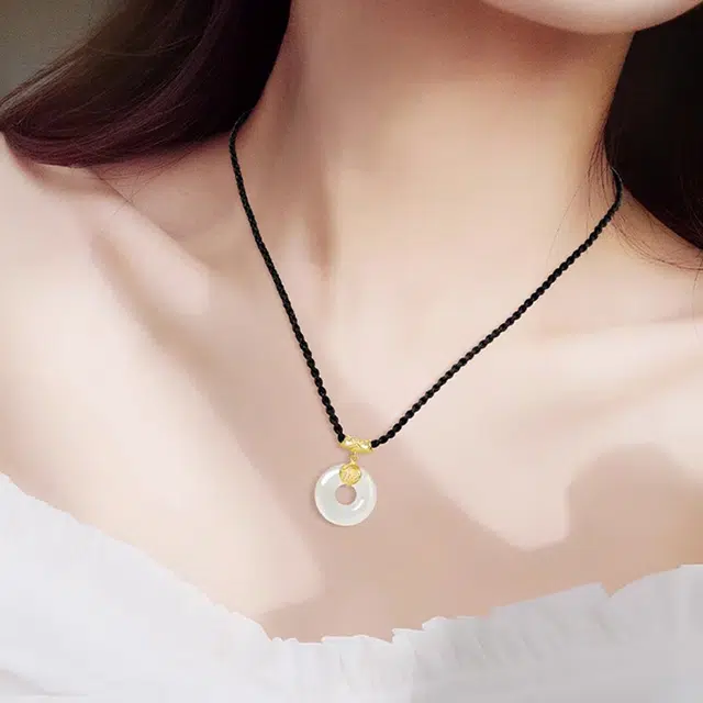御龙镜 福运平安扣新中式复古民族风小众设计吉祥如意精致锁骨链 和田玉 项链 男女同款情侣款 青白玉