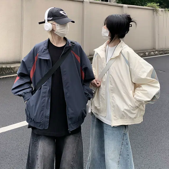 费尔岛上的猫 美式复古撞色立领百搭防风防水休闲长袖飞行员上衣夹克 男女同款