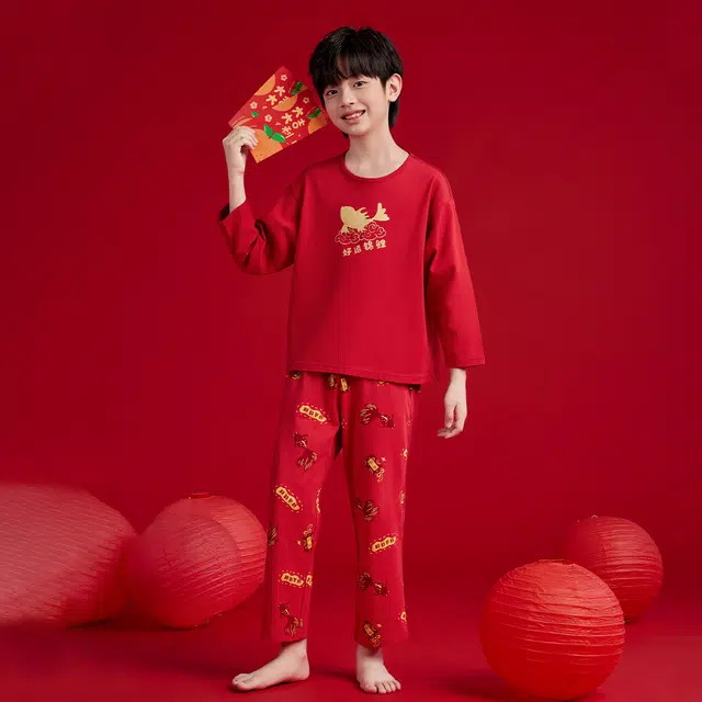 红豆家居服 动物图案圆领长袖上衣舒适长裤 中国红青少年