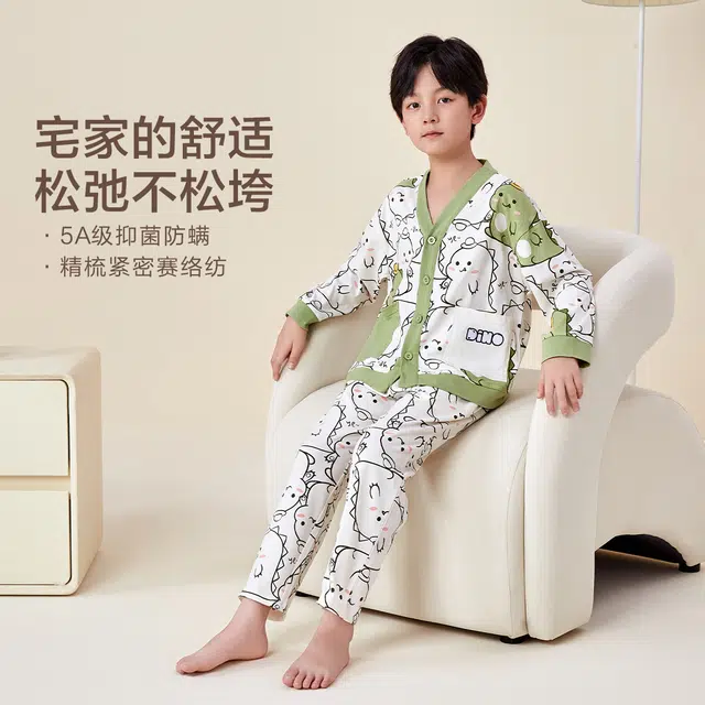 红豆 童装 纯棉单排扣长袖上衣松紧腰长裤睡衣套装 儿童款