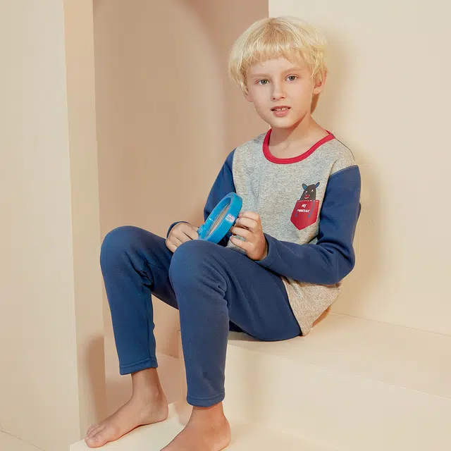 红豆 圆领舒适亲肤简约长袖上衣柔软纯色长裤内衣套装 亮海蓝青少年