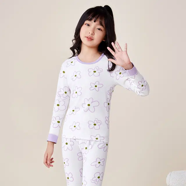 红豆 圆领舒适亲肤长袖上衣柔软松紧腰长裤内衣套装 浅云青少年