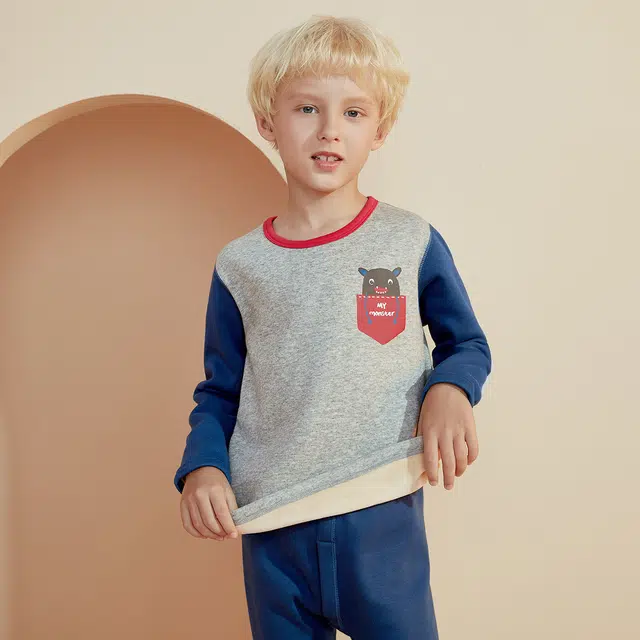 红豆 圆领舒适亲肤简约长袖上衣柔软纯色长裤内衣套装 亮海蓝青少年