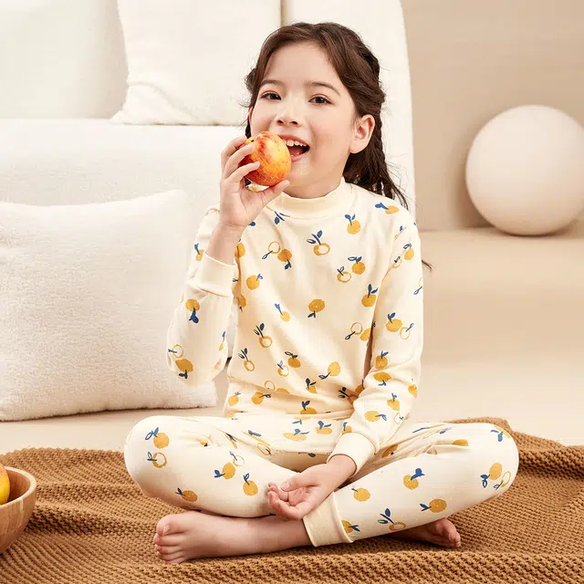 红豆 圆领舒适亲肤卡通长袖上衣柔软时尚长裤内衣套装 奶酪黄青少年