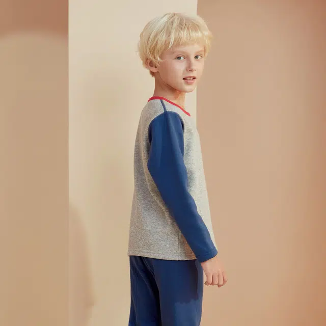 红豆 圆领舒适亲肤简约长袖上衣柔软纯色长裤内衣套装 亮海蓝青少年