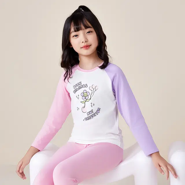 红豆 圆领舒适亲肤插肩长袖上衣柔软长裤内衣套装 粉色青少年