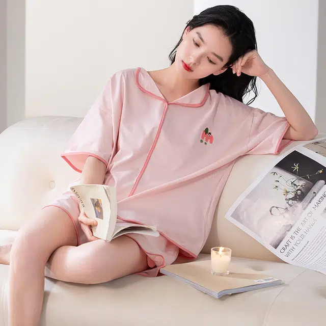 帕兰朵 简约纯棉甜美舒适亲肤翻领短袖开衫休闲可外穿家居服短裤睡衣套装 女款 藕色