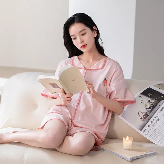 帕兰朵 简约纯棉甜美舒适亲肤翻领短袖开衫休闲可外穿家居服短裤睡衣套装 女款 藕色