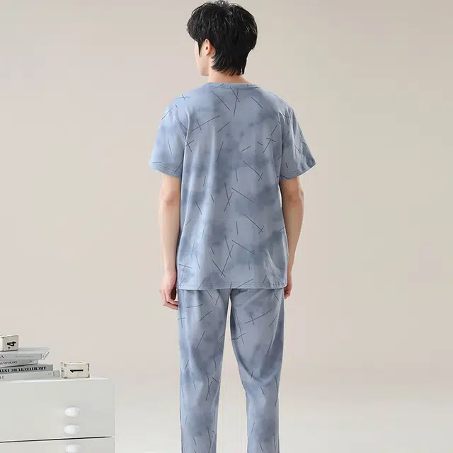 帕兰朵 套头短袖上衣长裤薄款可外穿睡衣套装 男款 天蓝色