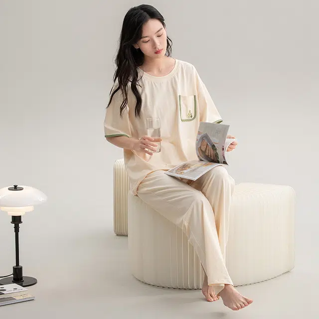 帕兰朵 全棉休闲简约短袖舒适透气亲肤长裤家居服睡衣套装 女款 米白色