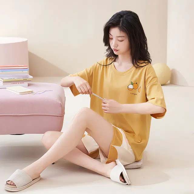 帕兰朵 卡通印花圆领套头五分袖松紧腰短裤睡衣套装 女款 橙色