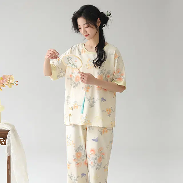帕兰朵 国风新中式圆领短袖松紧腰长裤睡衣套装 女款 荧光黄