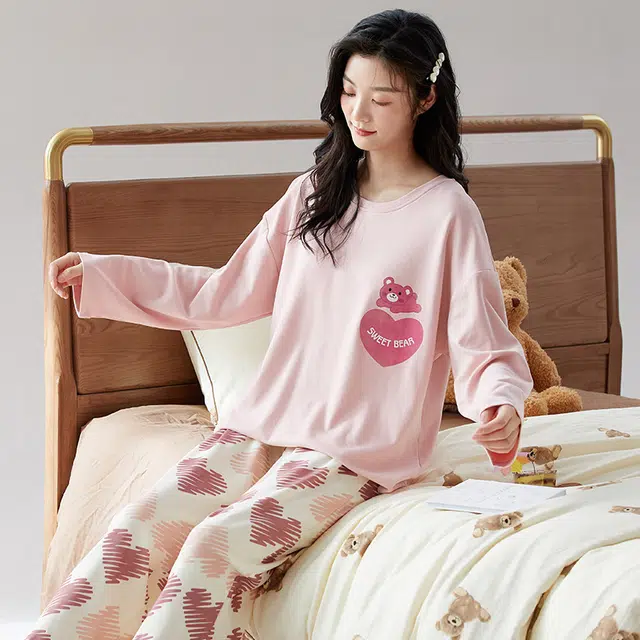 帕兰朵 爱心圆领长袖上衣拼色简约长裤睡衣套装 女款 粉红色