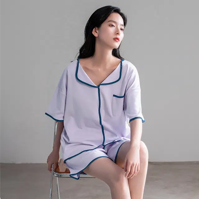 帕兰朵 纯棉套头纯色短袖上衣宽松松紧短裤睡衣套装 女款 浅紫色