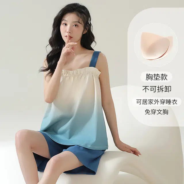 帕兰朵 纯棉自带胸垫舒适透气无袖吊带上衣松紧腰休闲短裤睡衣套装 女款 蓝色