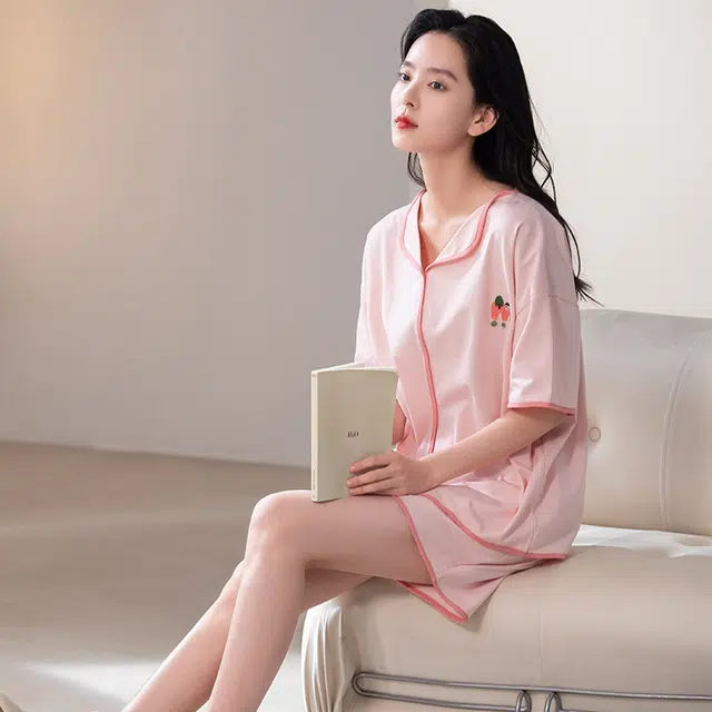 帕兰朵 简约纯棉甜美舒适亲肤翻领短袖开衫休闲可外穿家居服短裤睡衣套装 女款 藕色