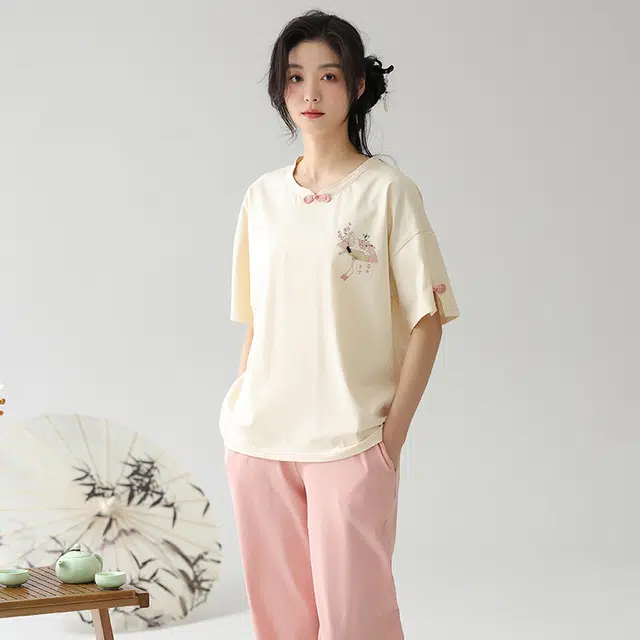 帕兰朵 复古休闲松紧腰圆领短袖松紧腰长裤睡衣套装 女款 米白色