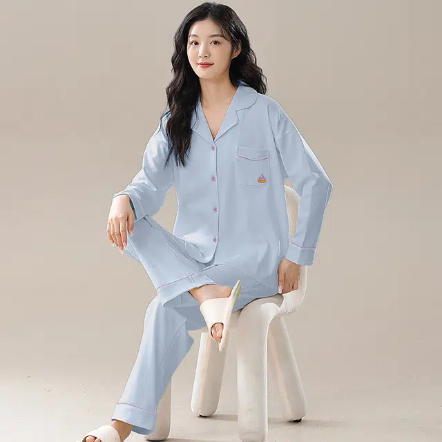 帕兰朵 休闲简约翻领长袖上衣松紧腰长裤睡衣套装 女款 天蓝色
