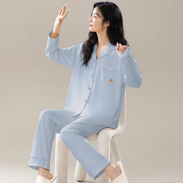 帕兰朵 休闲简约翻领长袖上衣松紧腰长裤睡衣套装 女款 天蓝色