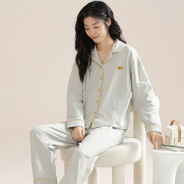 帕兰朵 简约可外穿上衣纯色长裤睡衣套装 女款 浅灰色