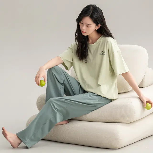 帕兰朵 夏天薄款休闲简约短袖舒适透气亲肤长裤时尚可外穿家居服睡衣套装 女款 黄绿色