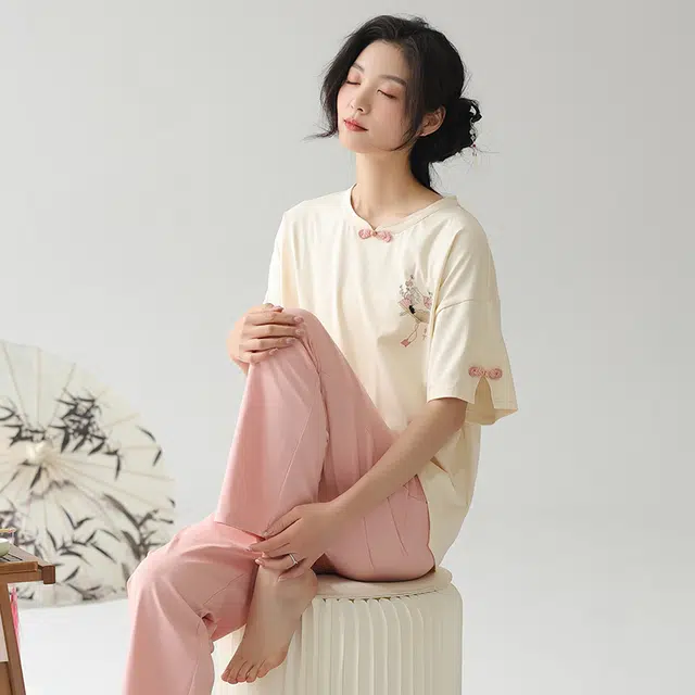 帕兰朵 复古休闲松紧腰圆领短袖松紧腰长裤睡衣套装 女款 米白色
