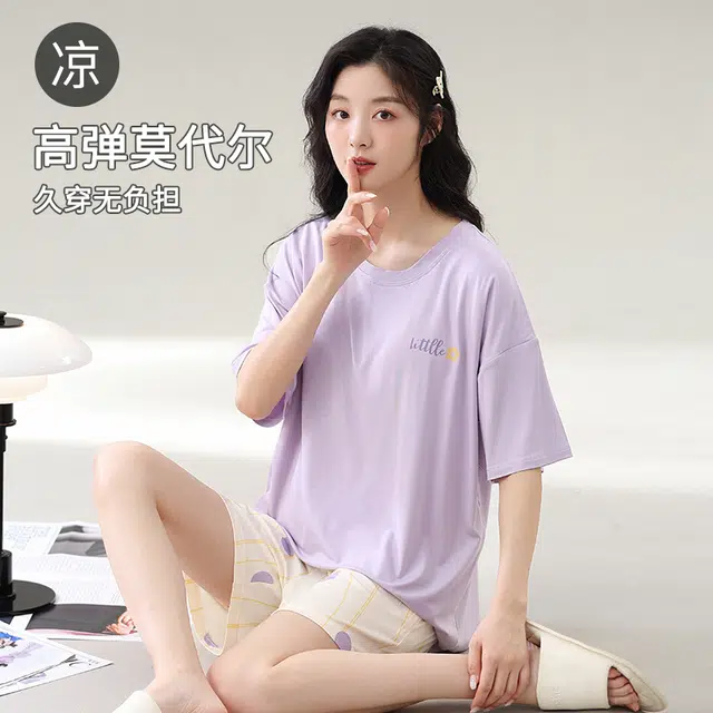 帕兰朵 圆领字母印花舒适短袖波点松紧短裤睡衣套装 女款 浅紫色