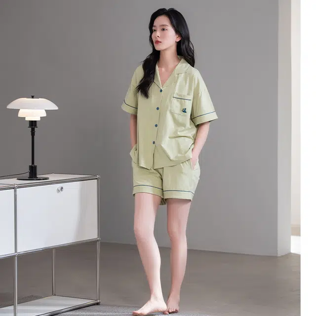 帕兰朵 薄款宽松翻领短袖上衣松紧腰短裤睡衣套装 女款 浅绿色
