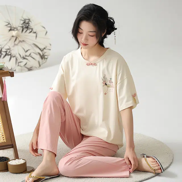 帕兰朵 复古休闲松紧腰圆领短袖松紧腰长裤睡衣套装 女款 米白色