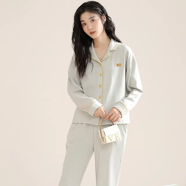 帕兰朵 简约可外穿上衣纯色长裤睡衣套装 女款 浅灰色
