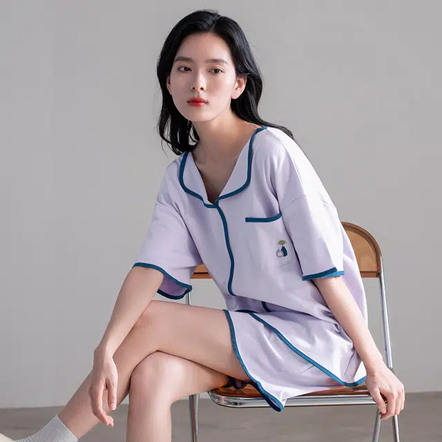 帕兰朵 纯棉套头纯色短袖上衣宽松松紧短裤睡衣套装 女款 浅紫色