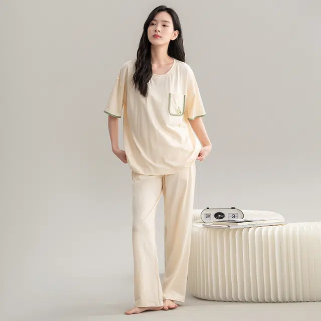 帕兰朵 全棉休闲简约短袖舒适透气亲肤长裤家居服睡衣套装 女款 米白色