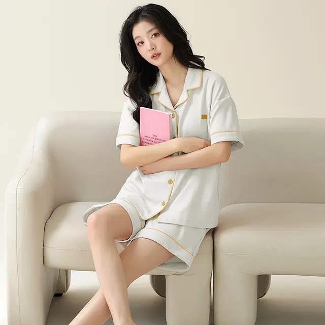 帕兰朵 休闲卡通套头纯棉短袖松紧腰短裤睡衣套装 女款 浅灰色