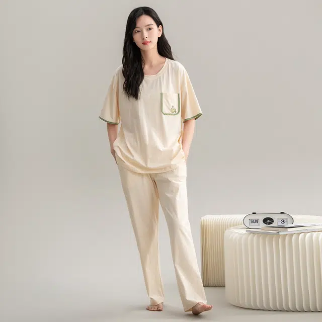 帕兰朵 全棉休闲简约短袖舒适透气亲肤长裤家居服睡衣套装 女款 米白色