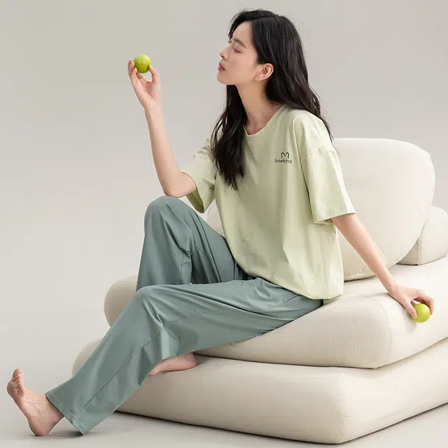 帕兰朵 夏天薄款休闲简约短袖舒适透气亲肤长裤时尚可外穿家居服睡衣套装 女款 黄绿色