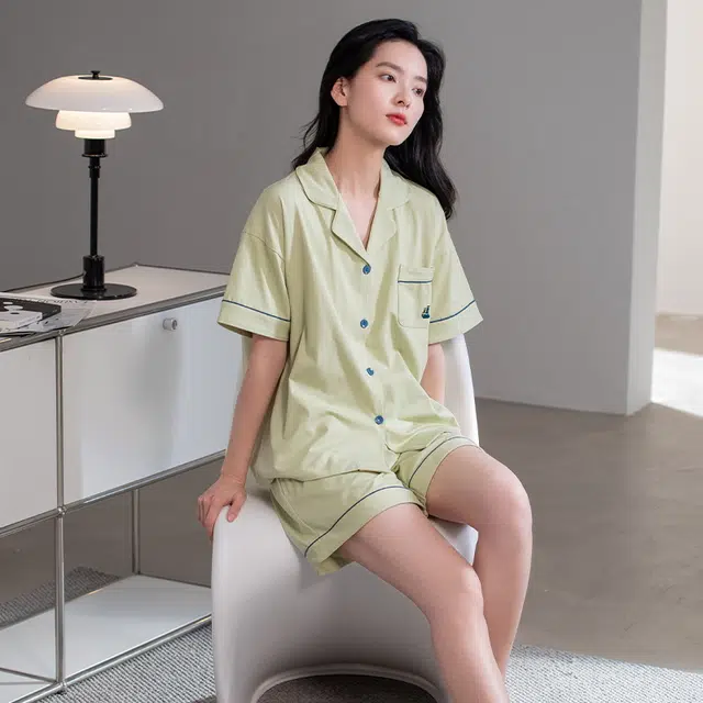 帕兰朵 薄款宽松翻领短袖上衣松紧腰短裤睡衣套装 女款 浅绿色