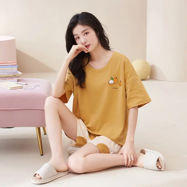 帕兰朵 卡通印花圆领套头五分袖松紧腰短裤睡衣套装 女款 橙色