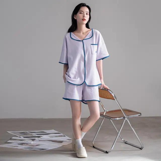 帕兰朵 纯棉套头纯色短袖上衣宽松松紧短裤睡衣套装 女款 浅紫色