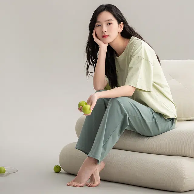 帕兰朵 夏天薄款休闲简约短袖舒适透气亲肤长裤时尚可外穿家居服睡衣套装 女款 黄绿色
