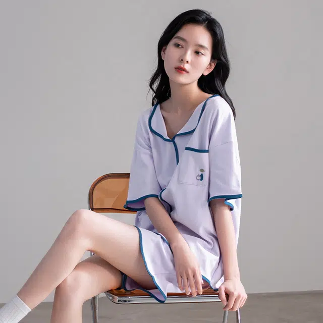帕兰朵 纯棉套头纯色短袖上衣宽松松紧短裤睡衣套装 女款 浅紫色