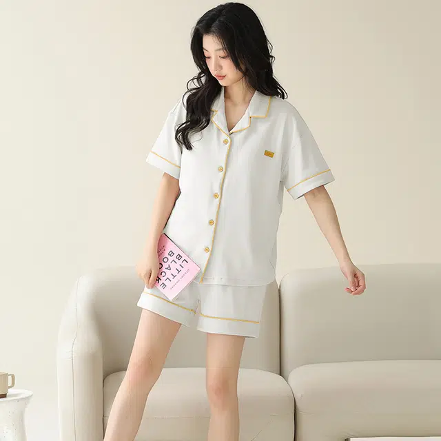 帕兰朵 休闲卡通套头纯棉短袖松紧腰短裤睡衣套装 女款 浅灰色