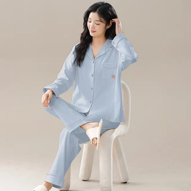 帕兰朵 休闲简约翻领长袖上衣松紧腰长裤睡衣套装 女款 天蓝色