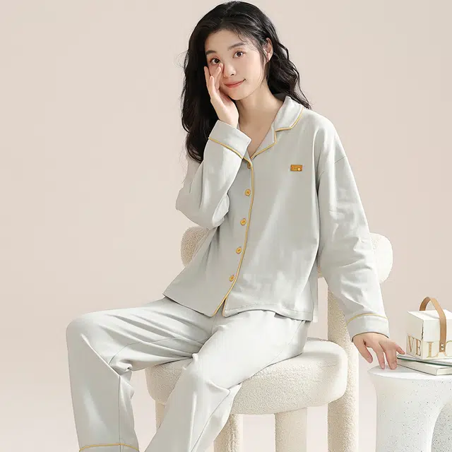 帕兰朵 简约可外穿上衣纯色长裤睡衣套装 女款 浅灰色