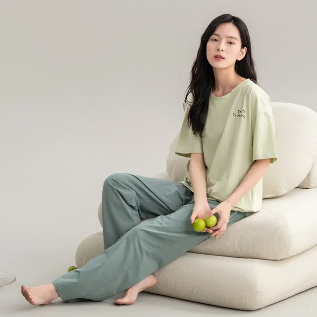 帕兰朵 夏天薄款休闲简约短袖舒适透气亲肤长裤时尚可外穿家居服睡衣套装 女款 黄绿色