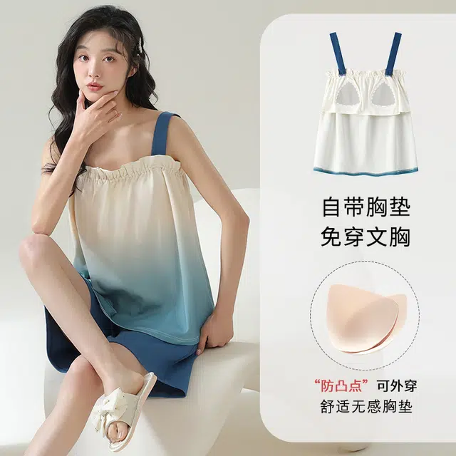帕兰朵 纯棉自带胸垫舒适透气无袖吊带上衣松紧腰休闲短裤睡衣套装 女款 蓝色