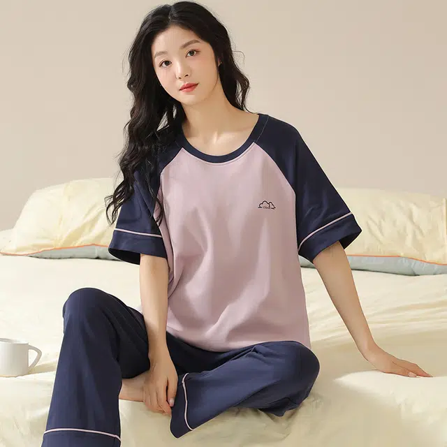 帕兰朵 短袖长裤套头圆领睡衣套装 女款 藕色