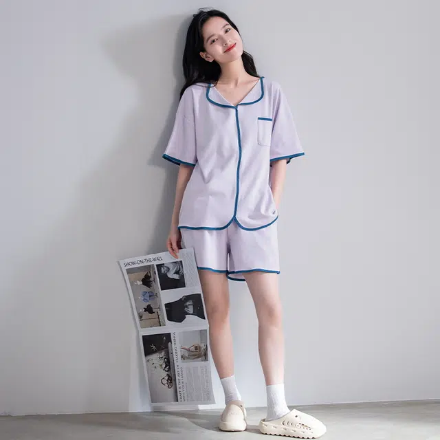 帕兰朵 纯棉套头纯色短袖上衣宽松松紧短裤睡衣套装 女款 浅紫色