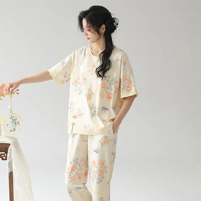 帕兰朵 国风新中式圆领短袖松紧腰长裤睡衣套装 女款 荧光黄
