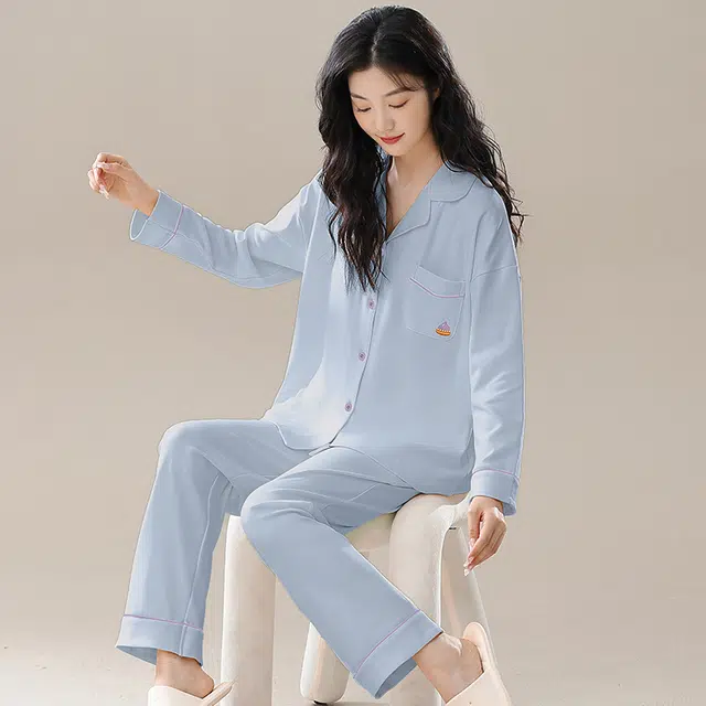 帕兰朵 休闲简约翻领长袖上衣松紧腰长裤睡衣套装 女款 天蓝色